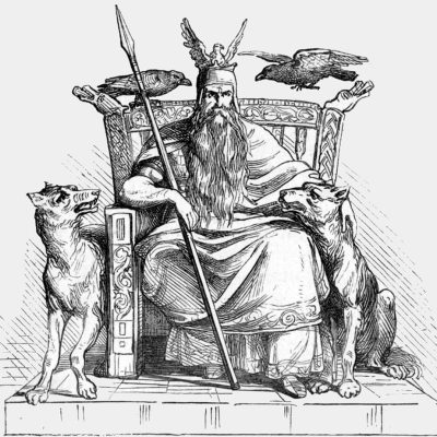 Odin con dos lobos, Geri y Freki, que actuaban como fieles compañeros. Acompañado también de Huginn (pensamiento) y Muninn (memoria)